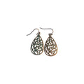 Pair of bronze-tone teardrop metal earrings with intricate openwork scroll swirls, subtle green accents and hook ear wires on white