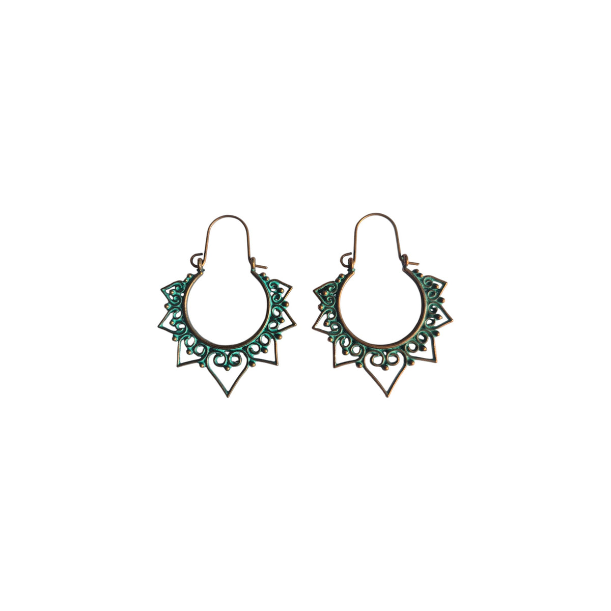 Pair of bronze-tone metal hoop earrings with green-accented scrollwork and pointed sunburst-style borders on a white background