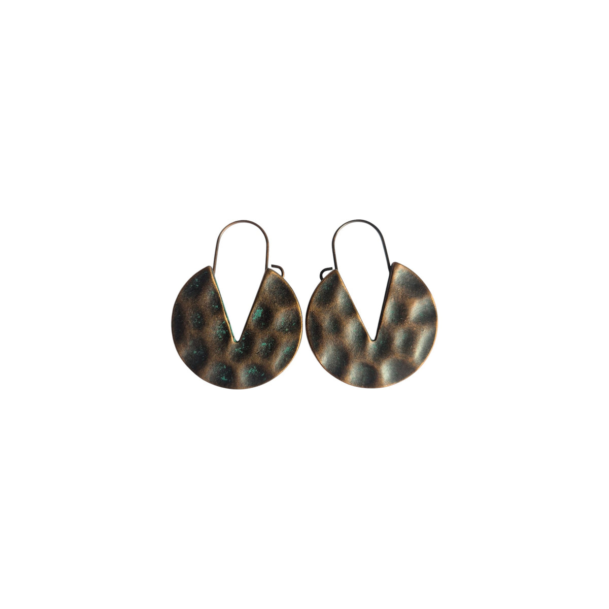 Pair of bronze-tone textured metal disc earrings with deep V-shaped openings, dimpled surfaces and subtle green accents on white