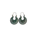 Pair of bronze-tone metal hoop earrings with green-accented paisley details, scrollwork panels, rectangular cut-outs and dotted borders on white