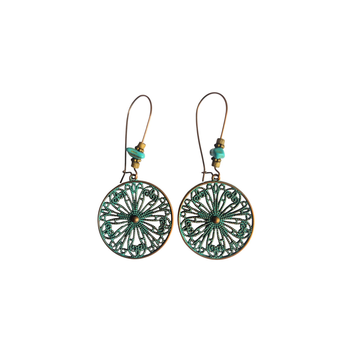 Pair of bronze-tone round floral filigree metal earrings with green accents, green bead detailing and long loop-style ear wires on white