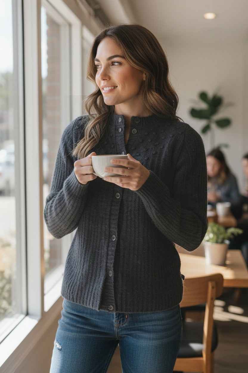 Koru Ladies Cable & Bauble Cardigan - Mid-Grey