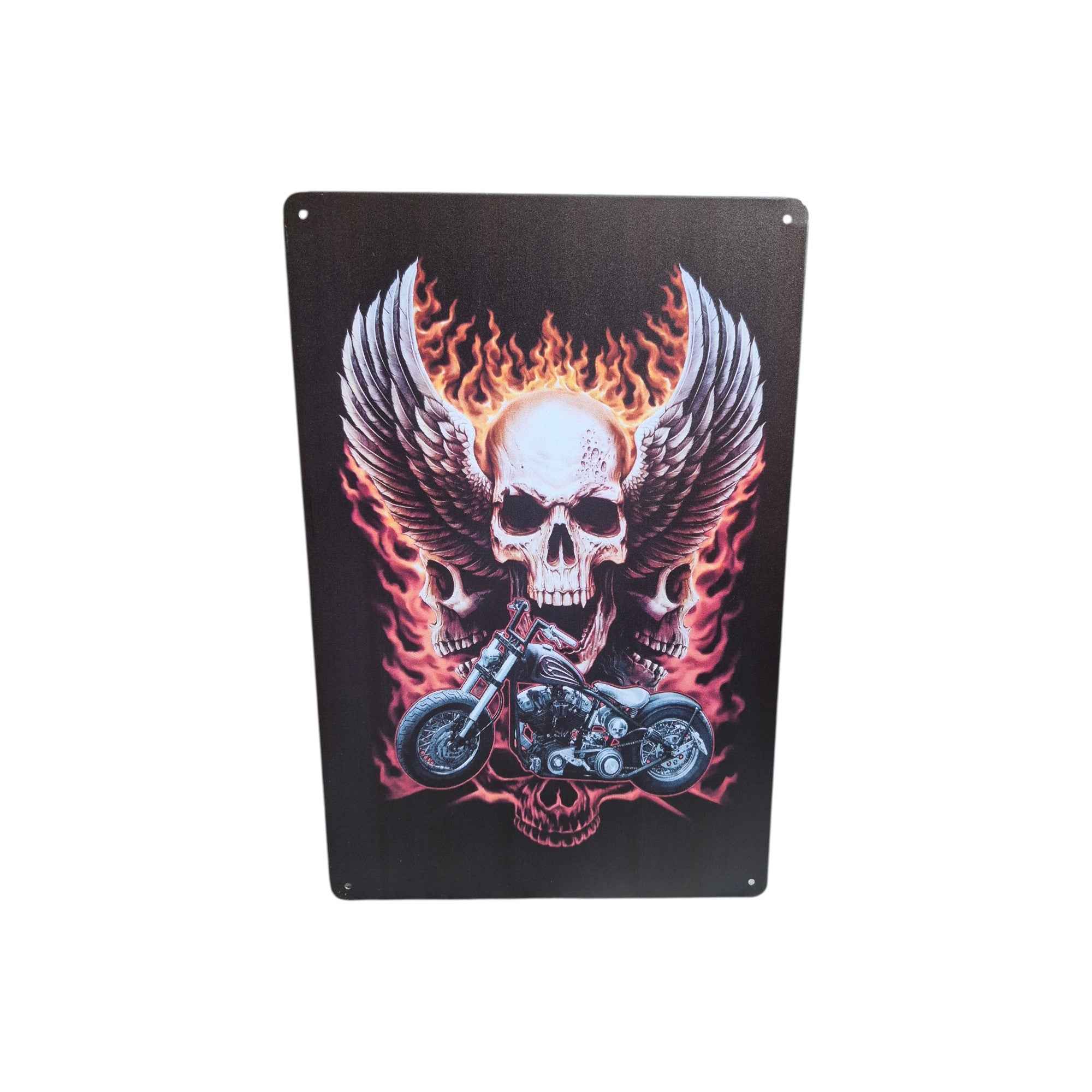 Flaming Skull & Chopper Metal Sign