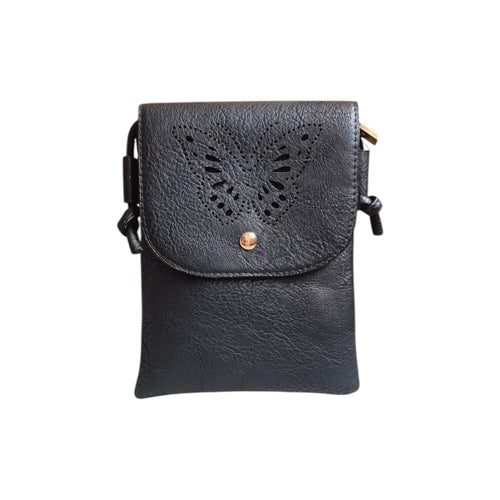 Loren Boyd butterfly laser cut crossbody phone bag featuring intricate butterfly design and compact handbag style. nz