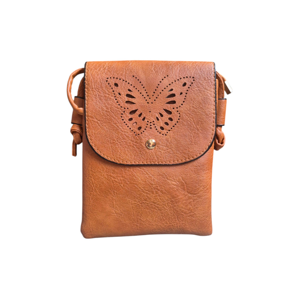 Loren Boyd butterfly laser cut crossbody phone bag with intricate butterfly design, compact handbag with adjustable strap. nz