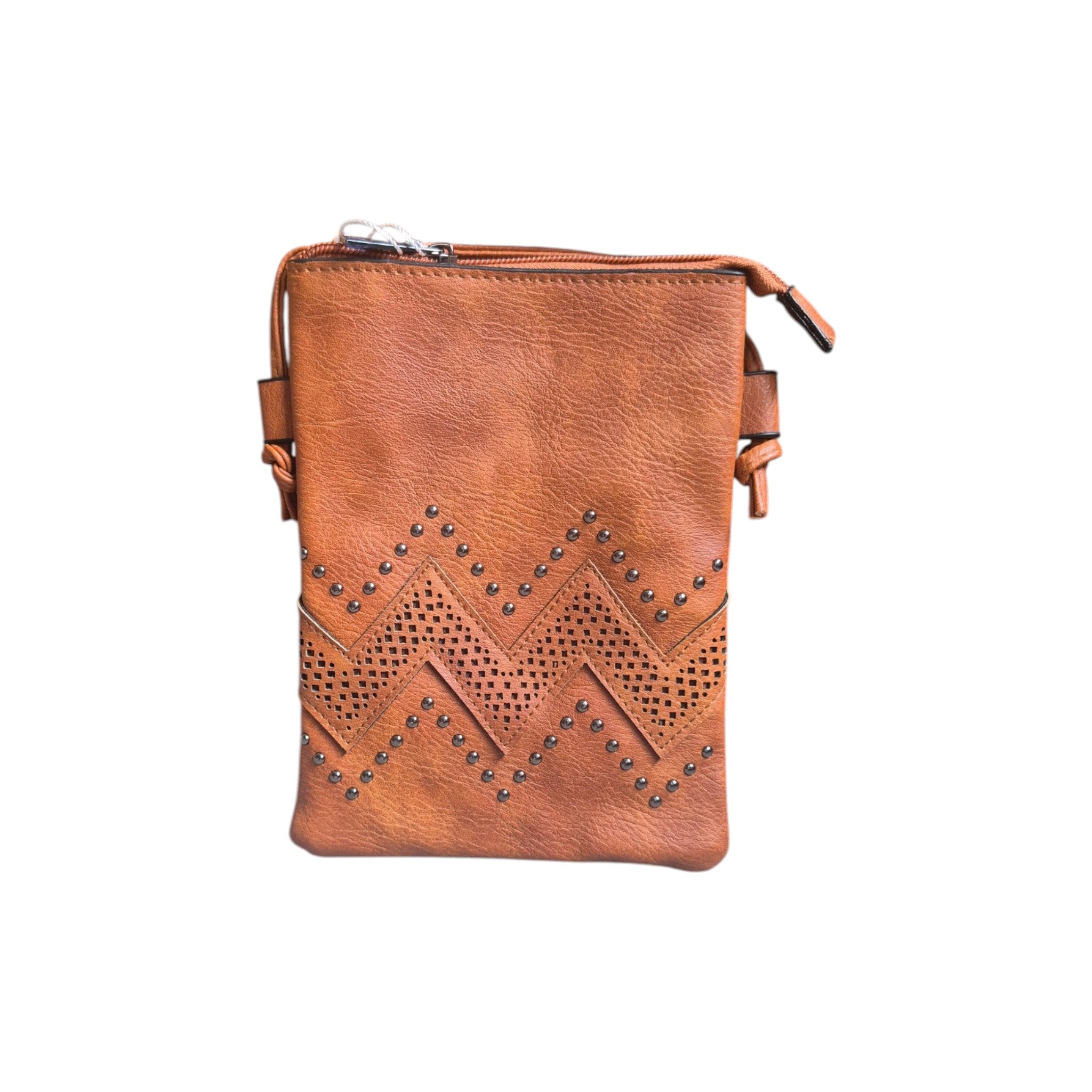 Chevron stud laser cut crossbody handbag by Loren Boyd, featuring geometric pattern and adjustable strap for versatile style. nz