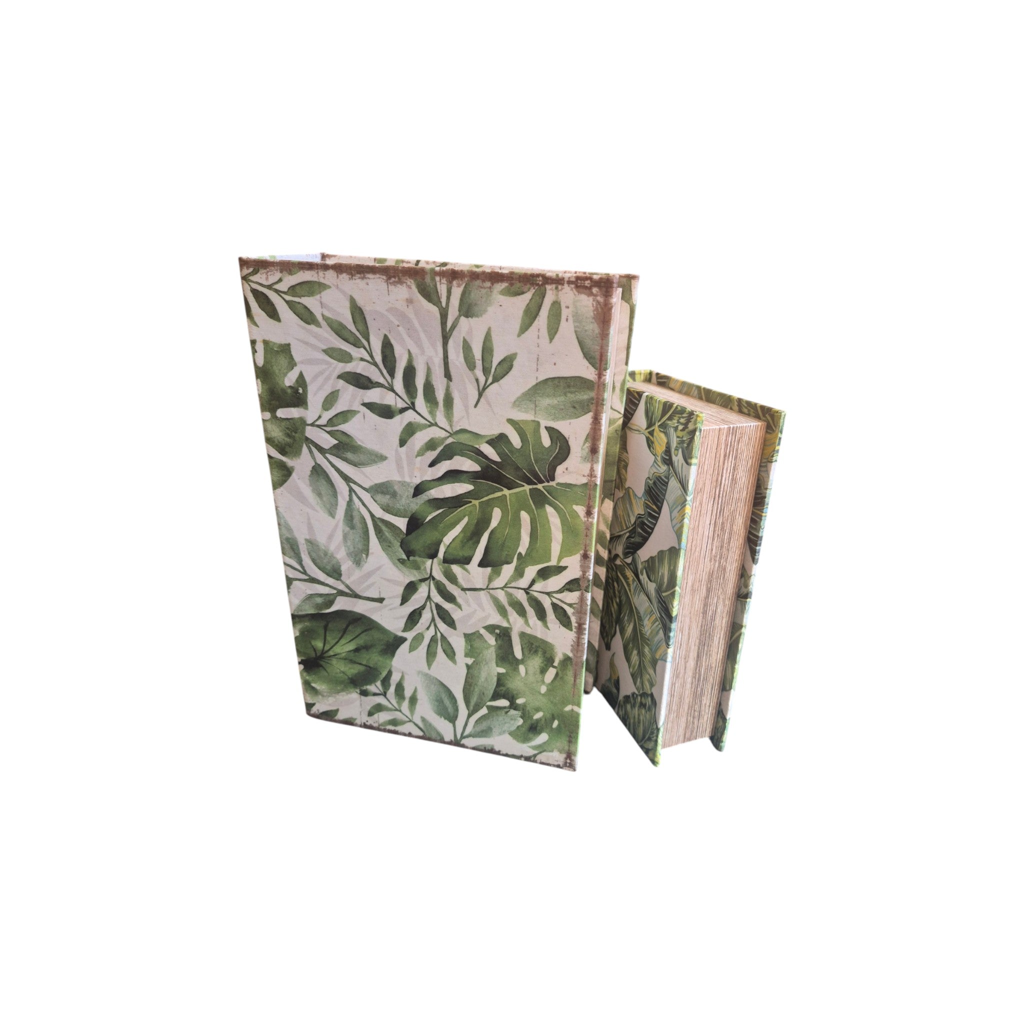 Palm Leaf Set of 2 decorative wood Book Storage Boxes Tropical styled home decor