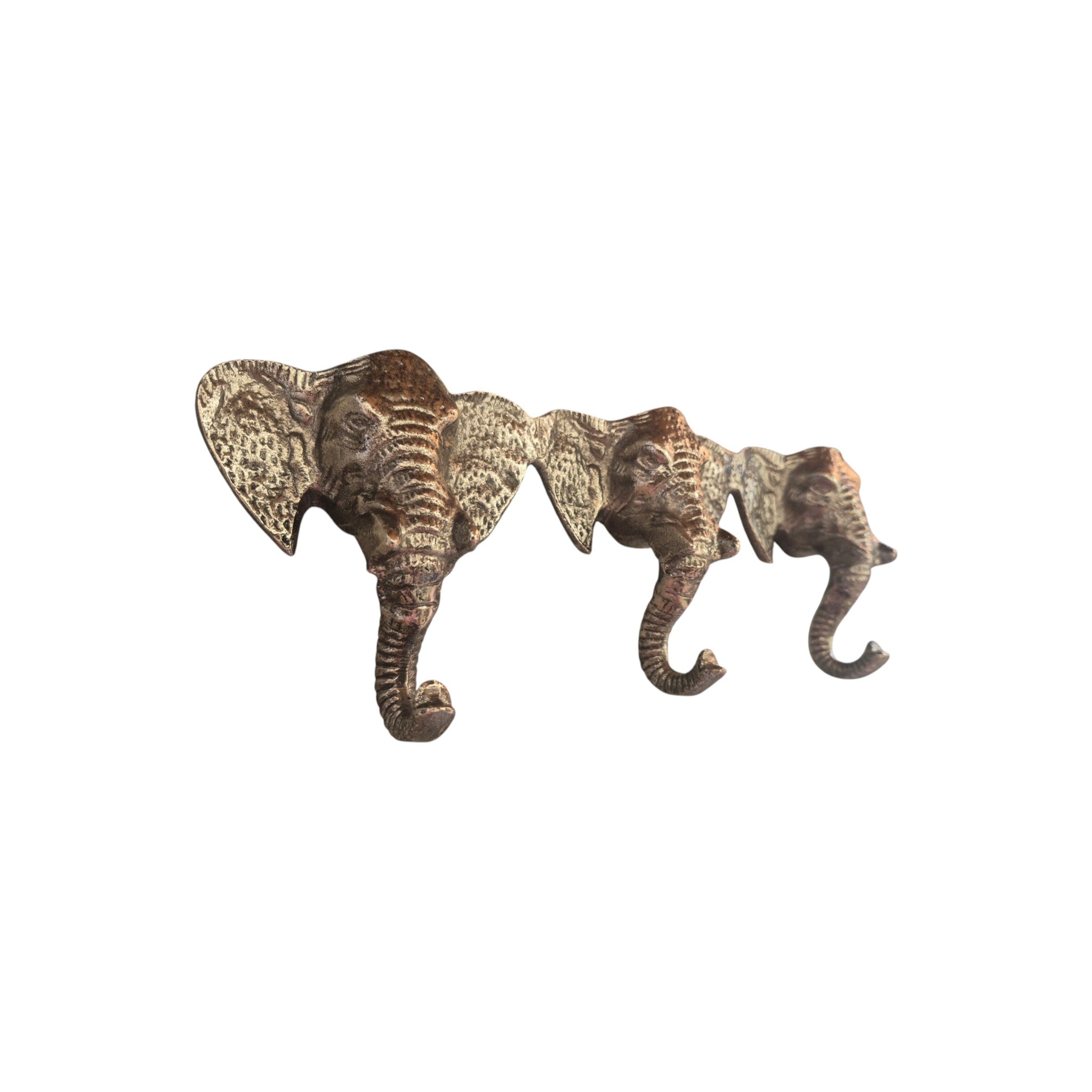 Antique nickel finish elephant-shaped hooks for hanging decor, designed by Loren Boyd, showcasing detailed elephant figures on a wall. nz