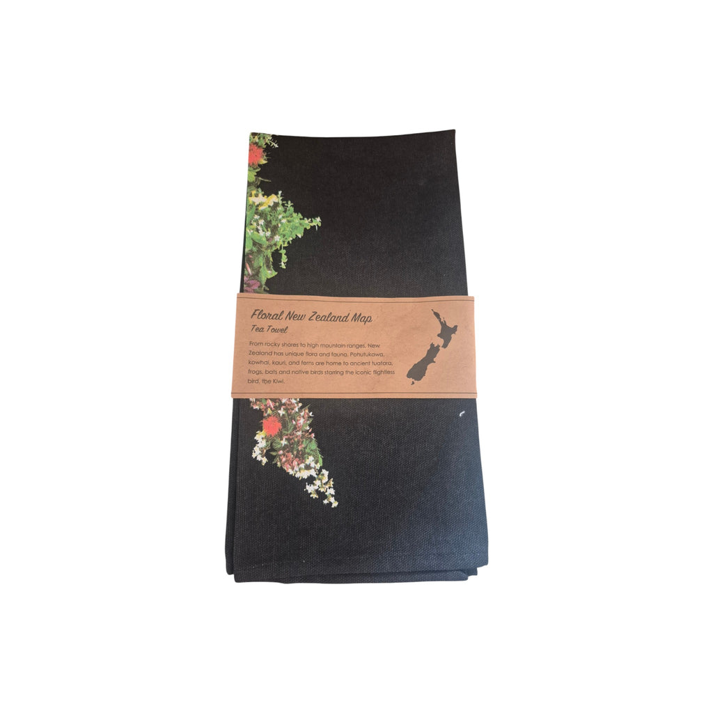 Loren Boyd floral New Zealand map tea towel with colorful botanical design, showcasing detailed map illustration.