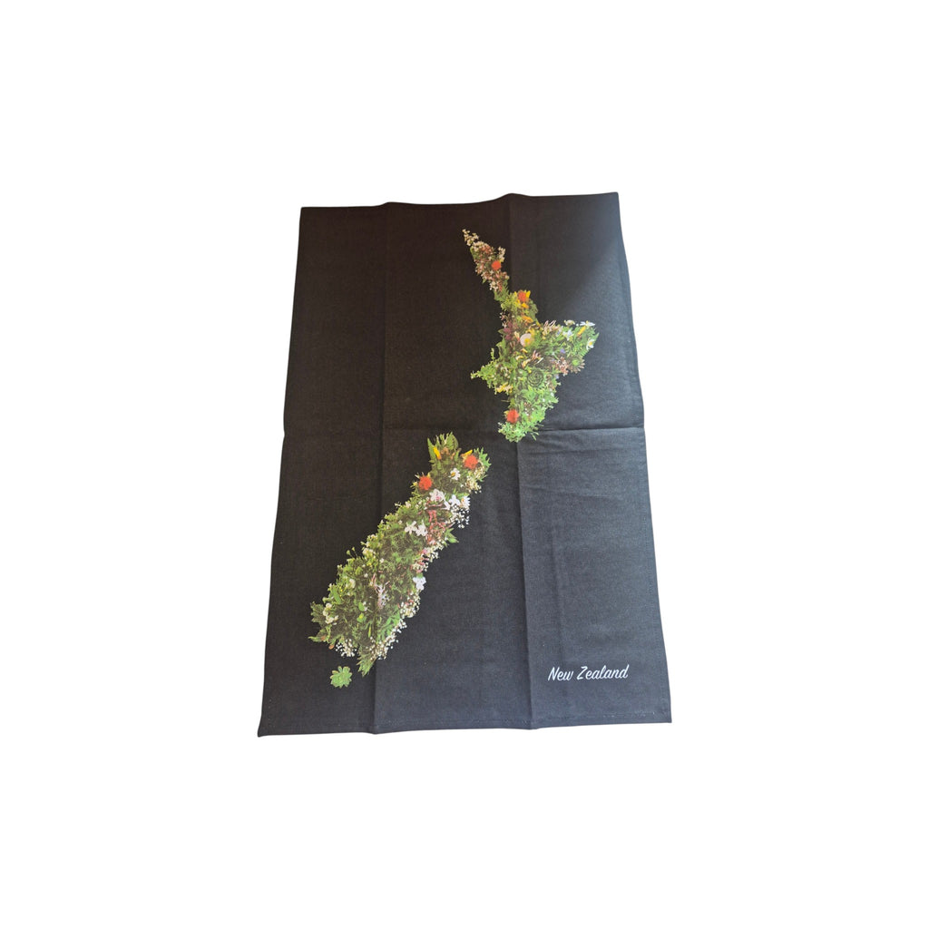 Loren Boyd floral New Zealand map tea towel with colorful botanical design, showcasing a detailed map of New Zealand.