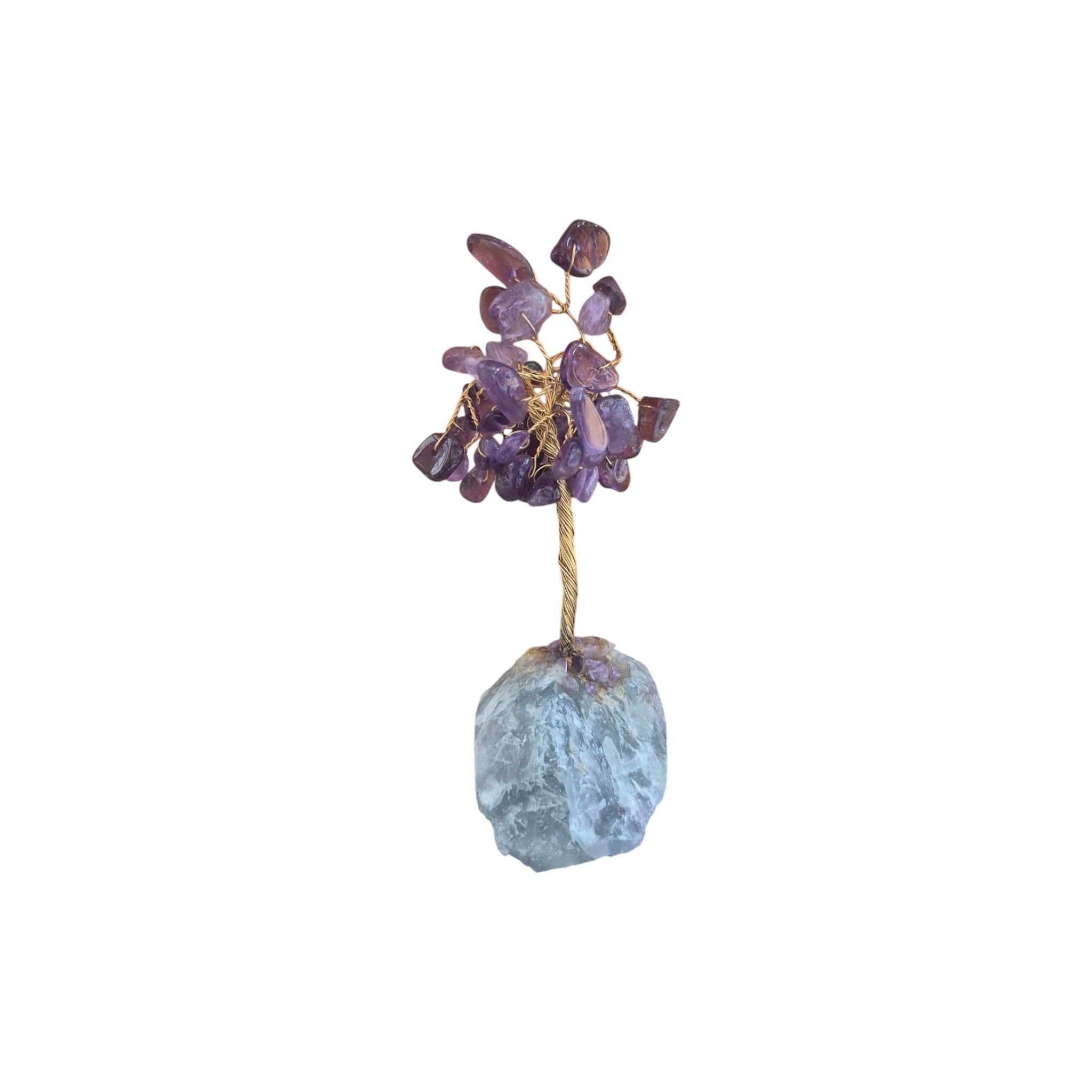Amethyst crystal tree sculpture by Loren Boyd featuring purple amethyst stones arranged on a metal tree base. nz