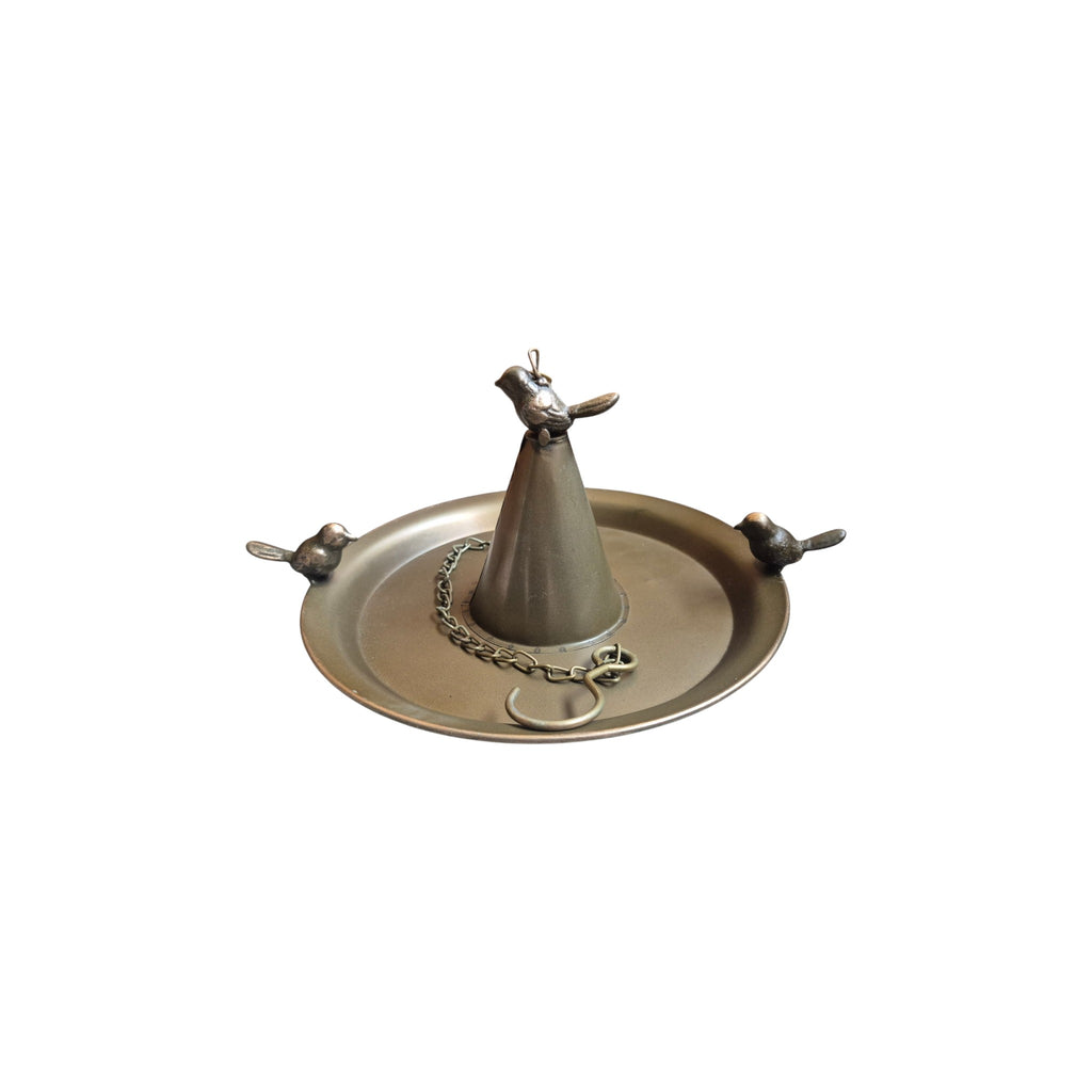 Bronze metal hanging bird bath with decorative design, suitable for garden decoration and attracting birds. nz