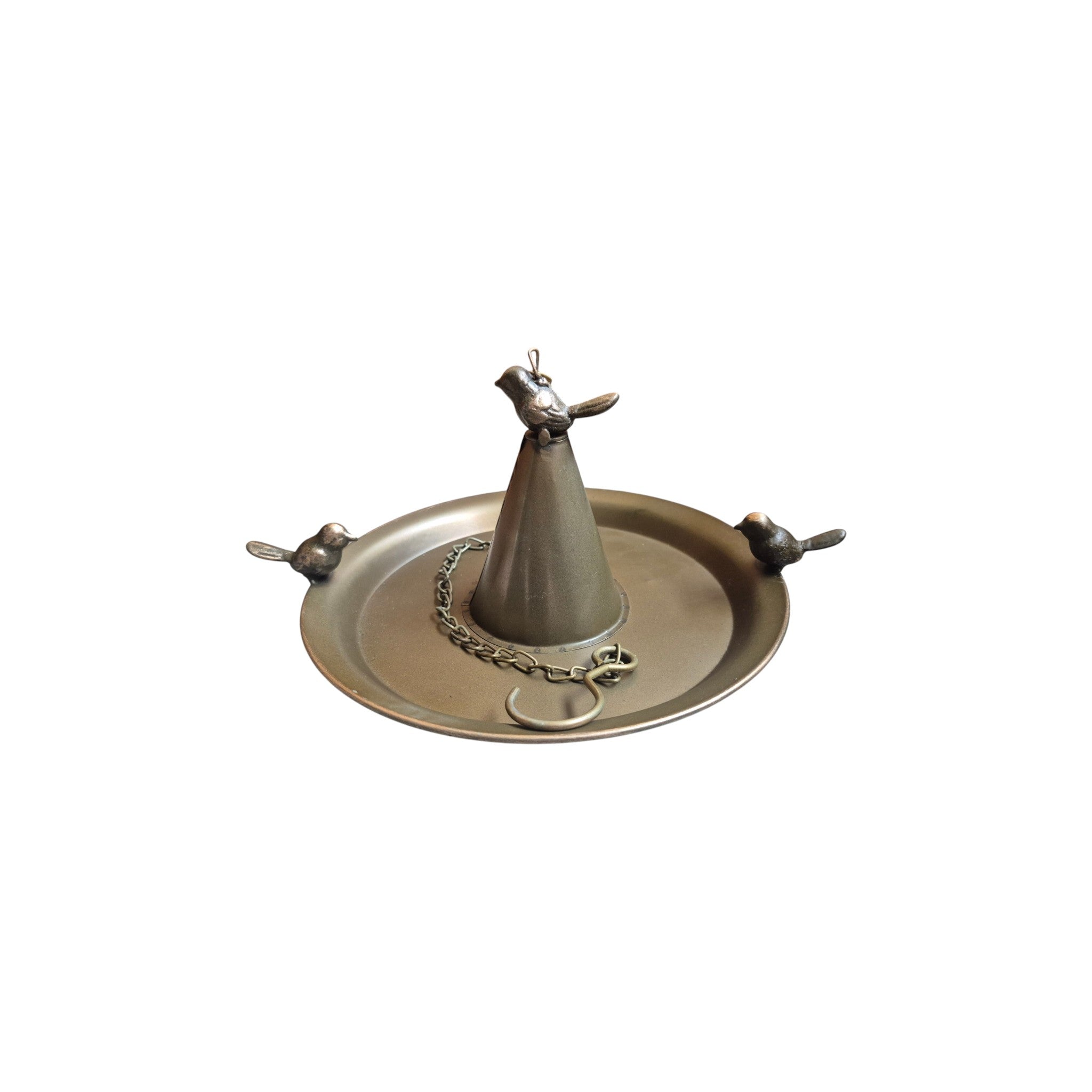 Bronze metal hanging bird bath with decorative design, suitable for garden decoration and attracting birds. nz