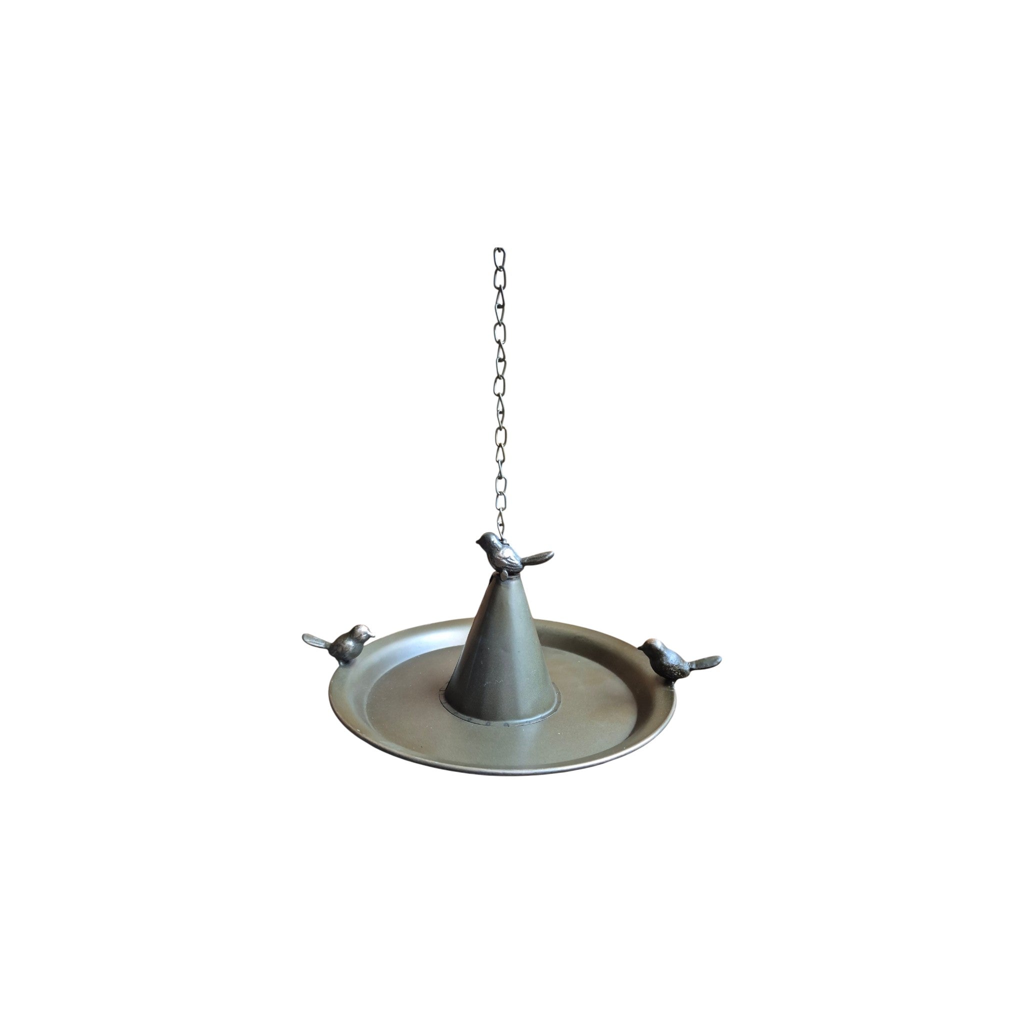 Bronze metal hanging bird bath with decorative design, suitable for garden use, by Loren Boyd. nz