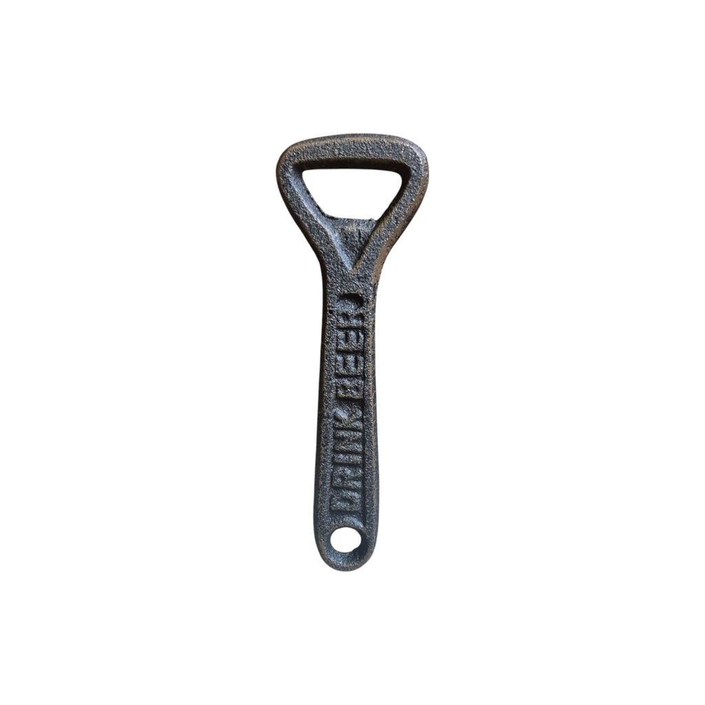Loren Boyd cast iron bottle opener with "Drink Beer Save Water" engraved, designed for opening bottles with a sturdy, vintage style.