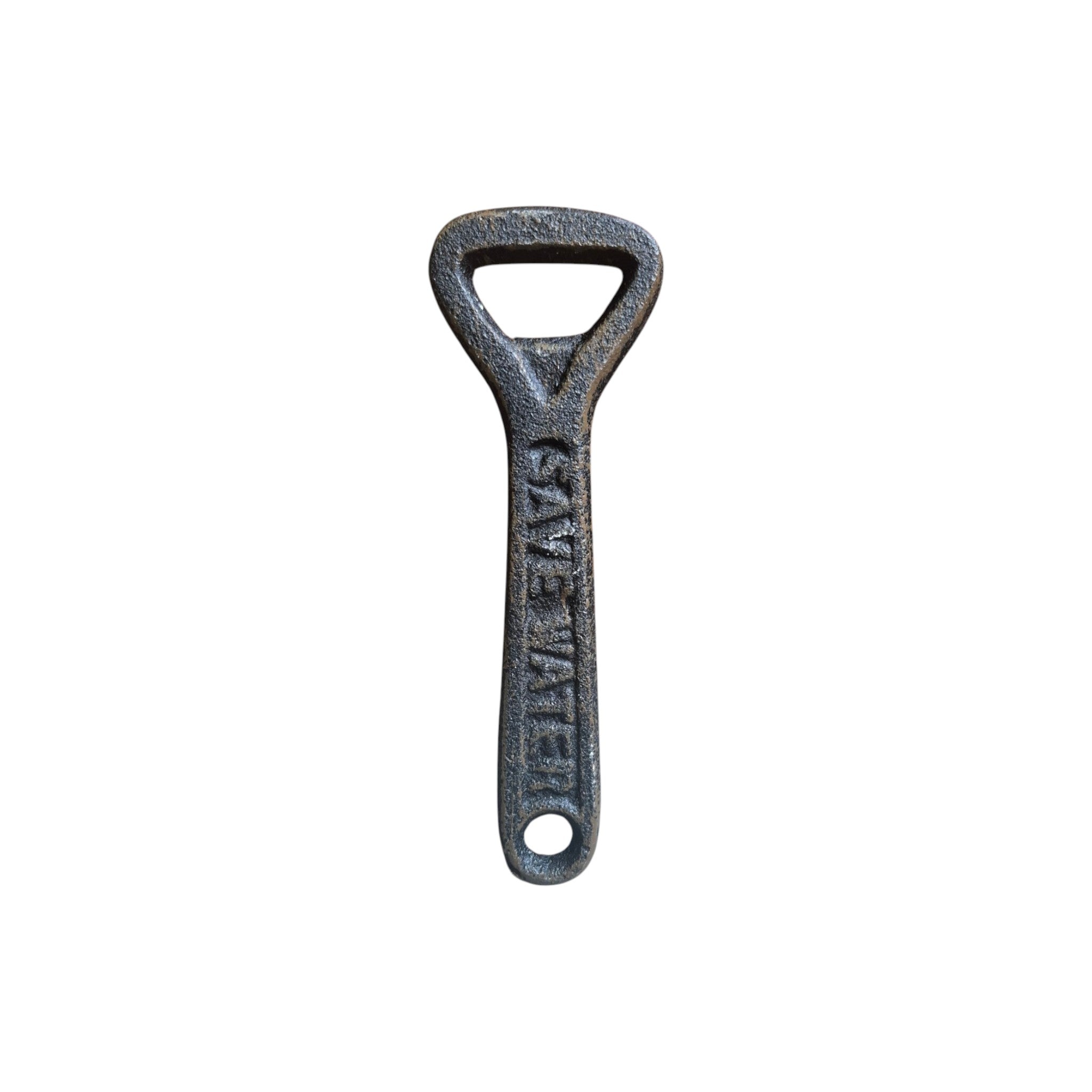 Loren Boyd Drink Beer Save Water cast iron bottle opener with engraved design, sturdy and decorative for opening bottles.