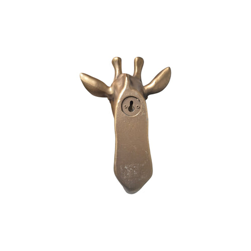 Bronze-colored giraffe head hanging decor with hook, crafted by Loren Boyd, suitable for wall decoration or art display. nz