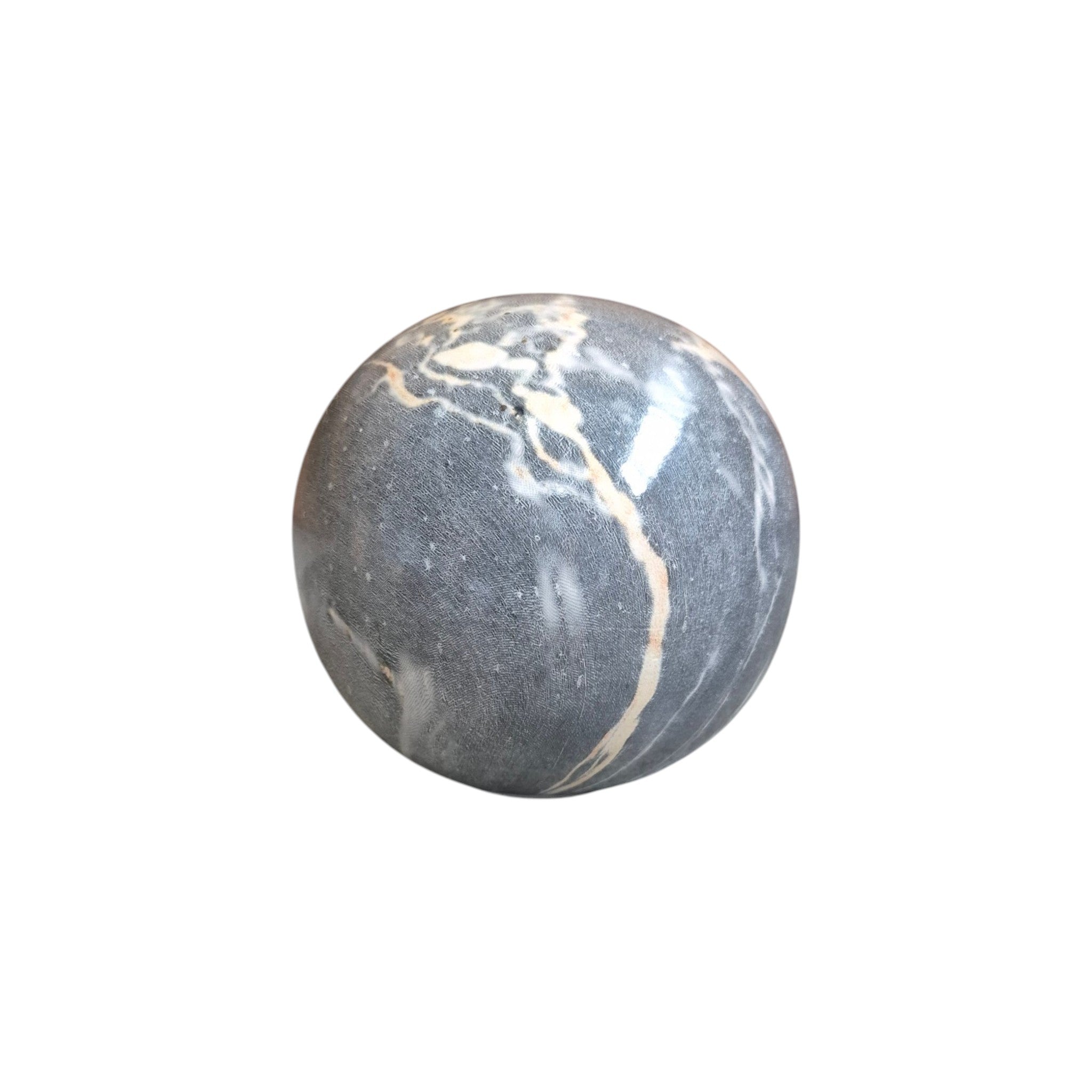Ivory ceramic decorative ball with striped pattern by Loren Boyd, perfect for accenting tables or shelves in home decor. nz