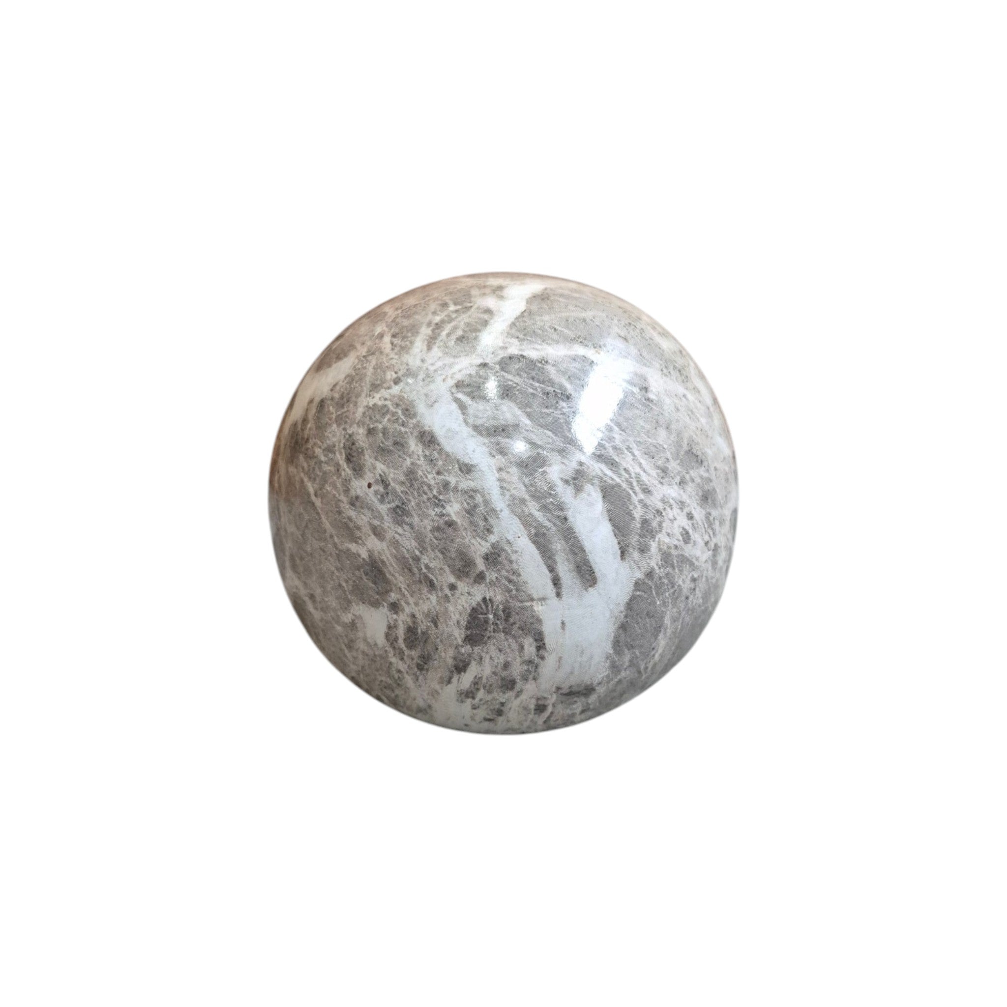 White ceramic decorative ball with striped pattern by Loren Boyd, ideal for modern home decor or tabletop display. nz