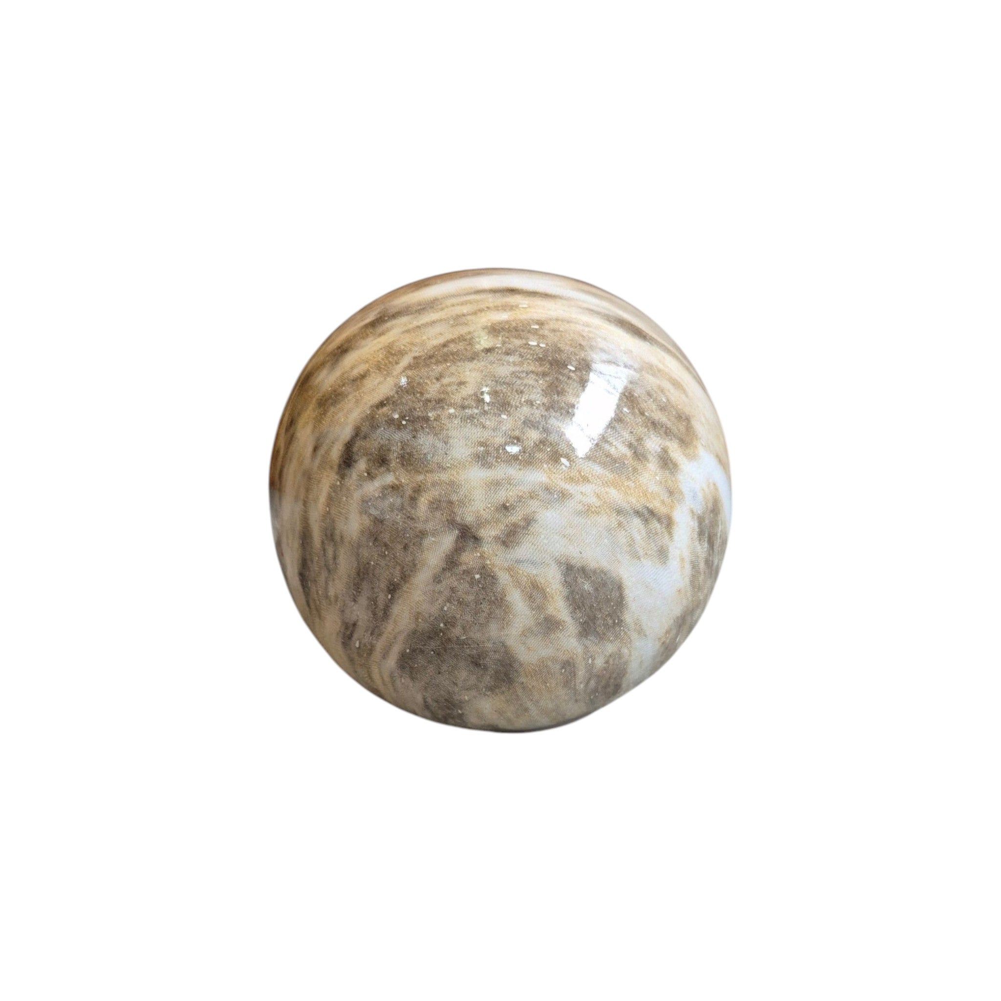 Brown striped ceramic decorative ball by Loren Boyd, featuring a smooth round shape and stylish design for home decor accents. nz
