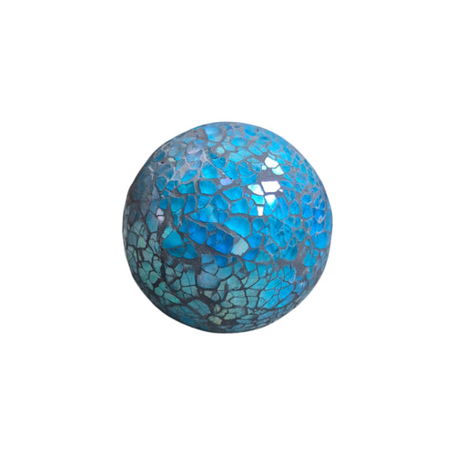 Small blue mosaic decorative ball by Loren Boyd, featuring intricate tile patterns perfect for home decor accents. nz