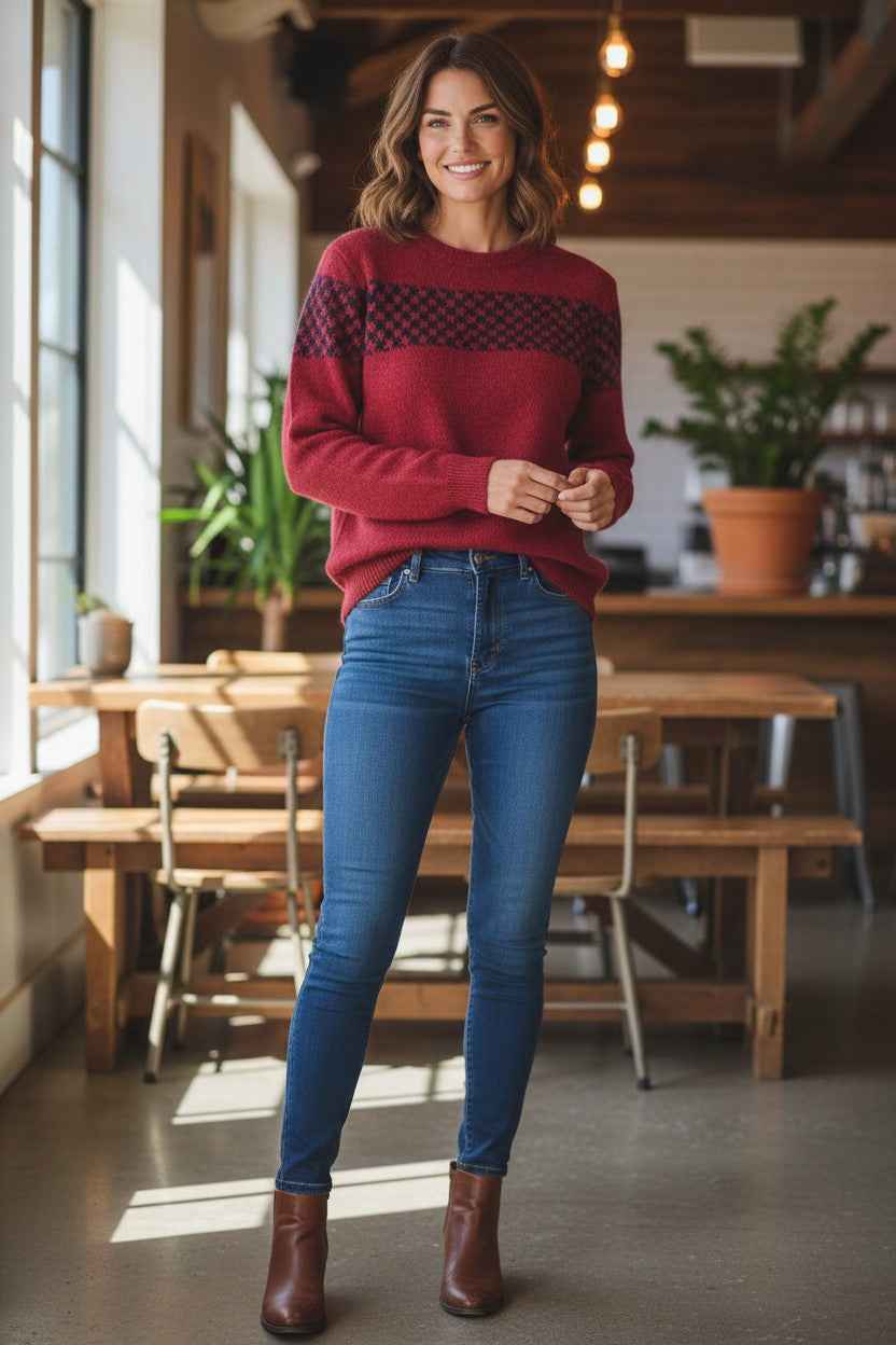 McDonald Ladies Houndstooth Crew Neck Jersey - Red/Navy